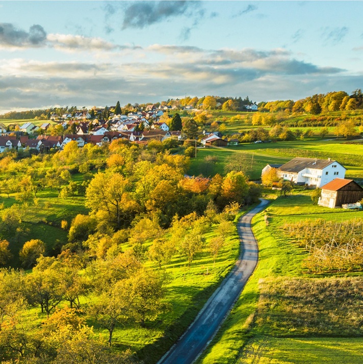 Rural community landscape on a sunny date with fields in the foreground and houses in the background
