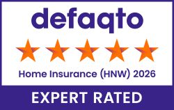 Defaqto 2026 5 Star Expert Rated award badge for High-Net-Worth Home insurance, featuring five stars and the Defaqto logo.